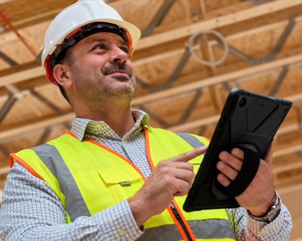 Site manager in hard hat and hi-vis reviewing the programme on a tablet